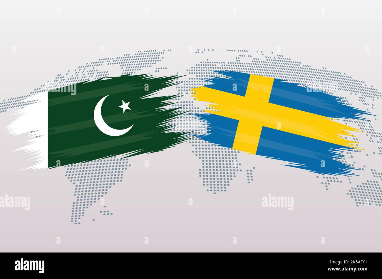 Bandiere Pakistan vs Svezia. Bandiera della Repubblica islamica del Pakistan e bandiera della Svezia, isolata su sfondo grigio della mappa del mondo. Illustrazione vettoriale. Illustrazione Vettoriale