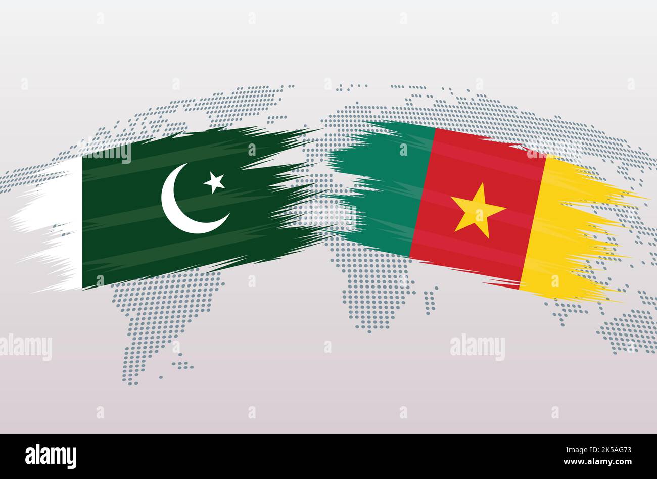 Bandiere Pakistan vs Camerun. Bandiere della Repubblica islamica del Pakistan contro Camerun, isolate su sfondo grigio della mappa del mondo. Illustrazione vettoriale. Illustrazione Vettoriale