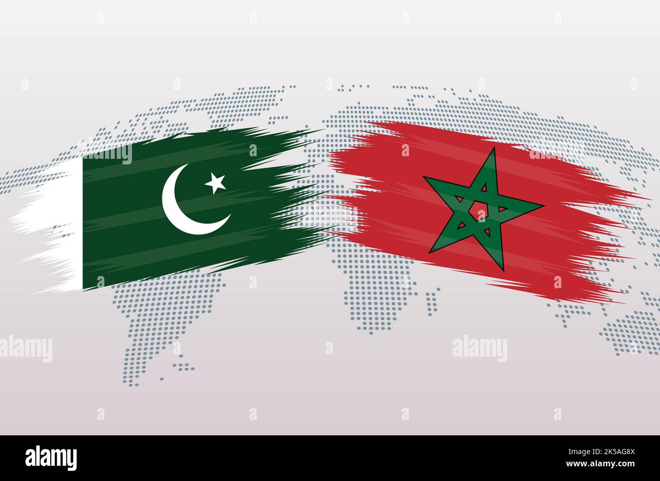 Bandiere Pakistan vs Marocco. Bandiere della Repubblica islamica del Pakistan contro Marocco, isolate su sfondo grigio della mappa del mondo. Illustrazione vettoriale. Illustrazione Vettoriale