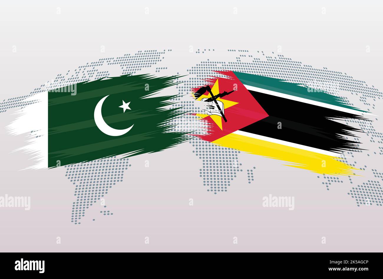 Bandiere Pakistan vs Mozambico. Bandiere della Repubblica islamica del Pakistan contro Mozambico, isolate su sfondo grigio della mappa del mondo. Illustrazione vettoriale. Illustrazione Vettoriale