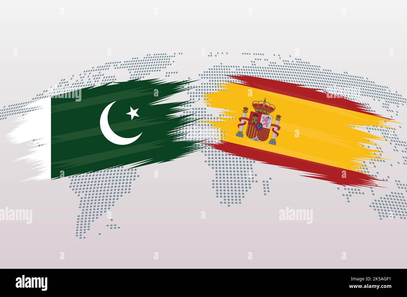 Bandiere Pakistan vs Spagna. Bandiere della Repubblica islamica del Pakistan vs Spagna, isolate su sfondo grigio della mappa del mondo. Illustrazione vettoriale. Illustrazione Vettoriale