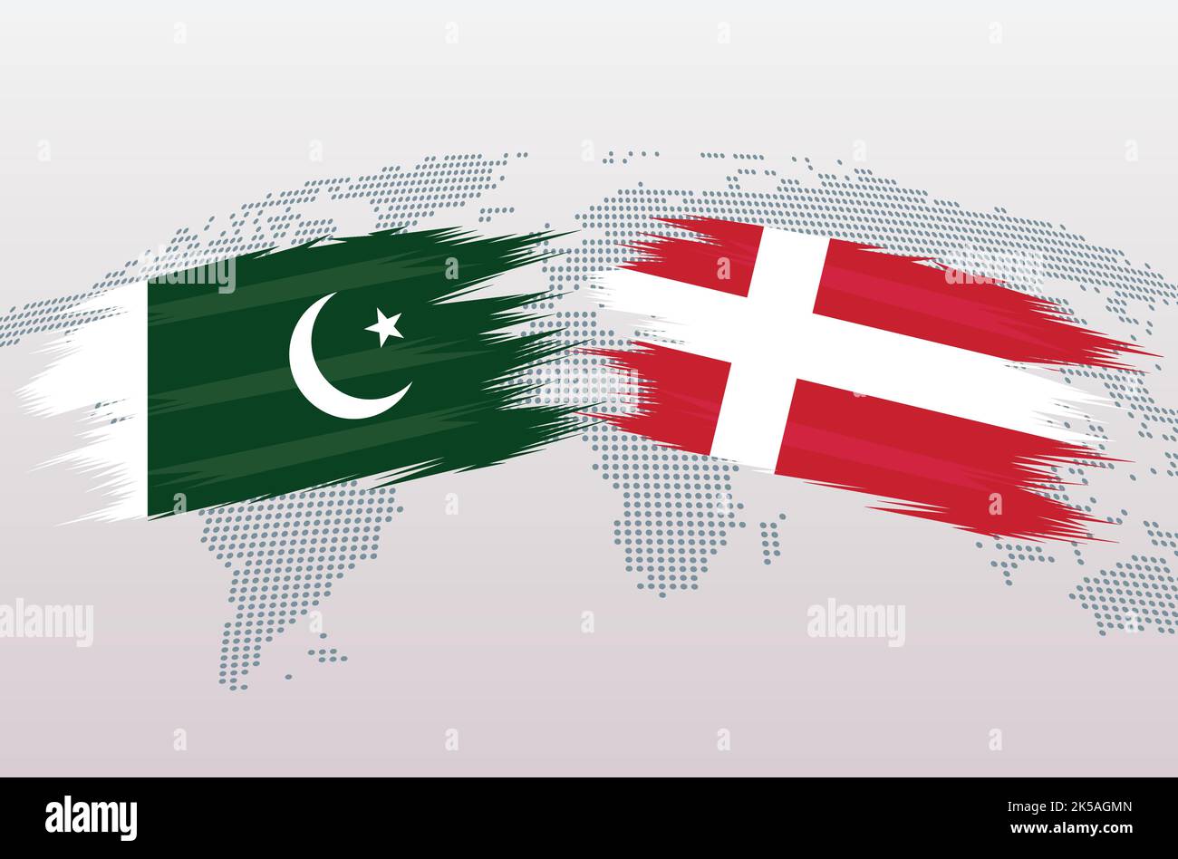 Bandiere Pakistan vs Danimarca. Bandiere della Repubblica islamica del Pakistan contro Danimarca, isolate su sfondo grigio della mappa del mondo. Illustrazione vettoriale. Illustrazione Vettoriale