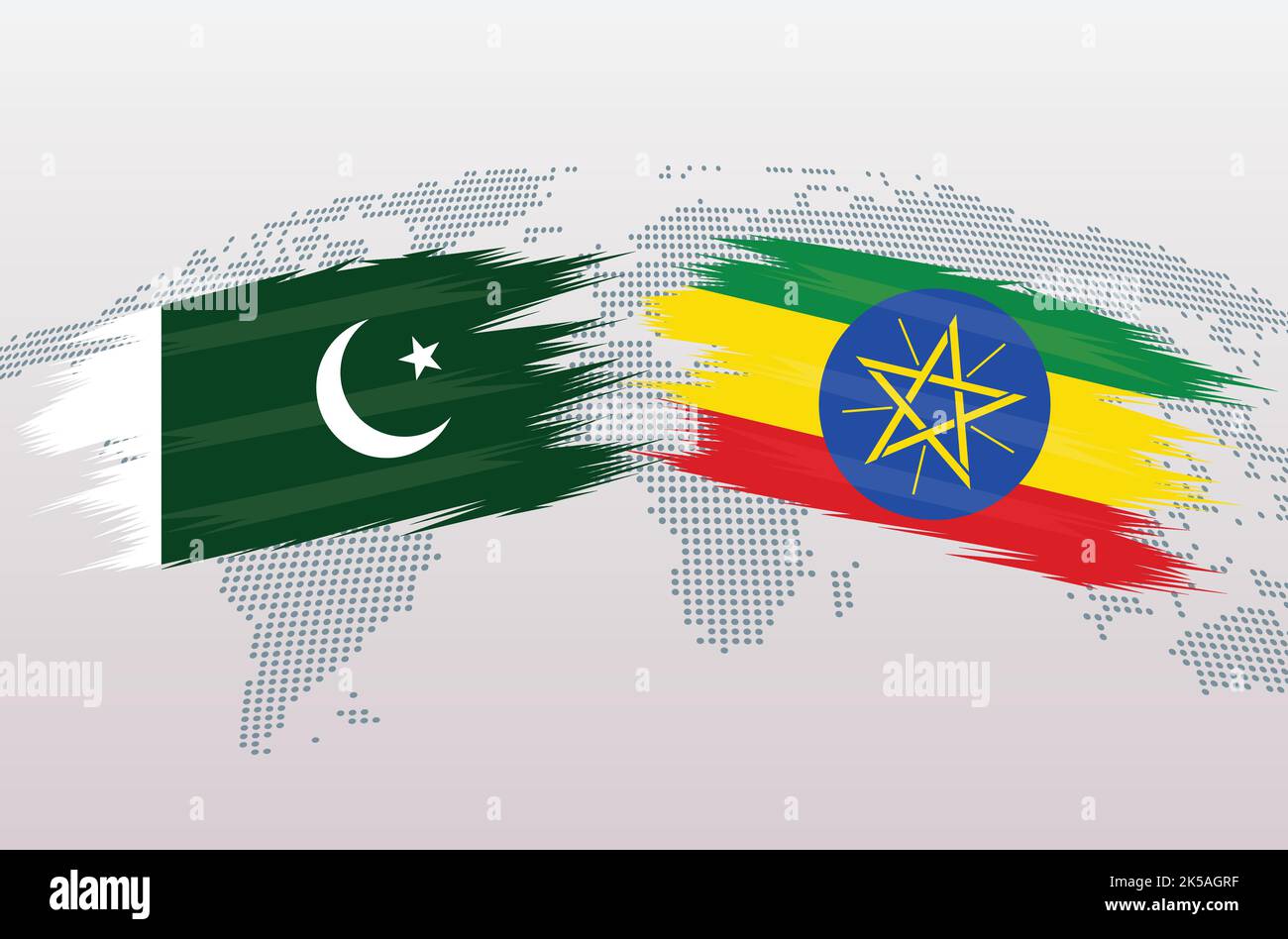 Bandiere Pakistan vs Etiopia. Bandiere della Repubblica islamica del Pakistan contro l'Etiopia, isolate su sfondo grigio della mappa del mondo. Illustrazione vettoriale. Illustrazione Vettoriale
