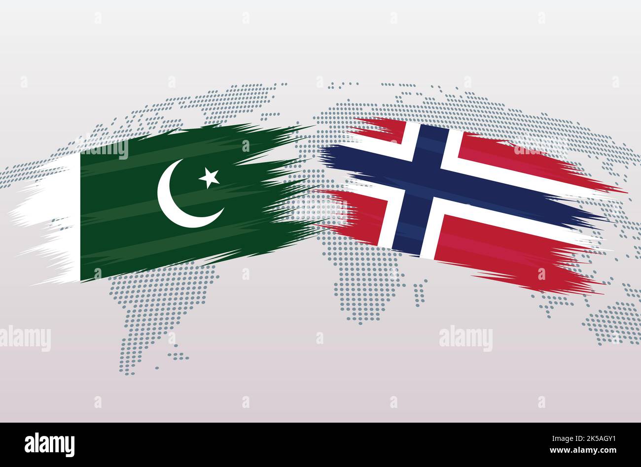 Bandiere del Pakistan vs Norvegia. Bandiera della Repubblica islamica del Pakistan e bandiera della Norvegia, isolata su sfondo grigio della mappa del mondo. Illustrazione vettoriale. Illustrazione Vettoriale