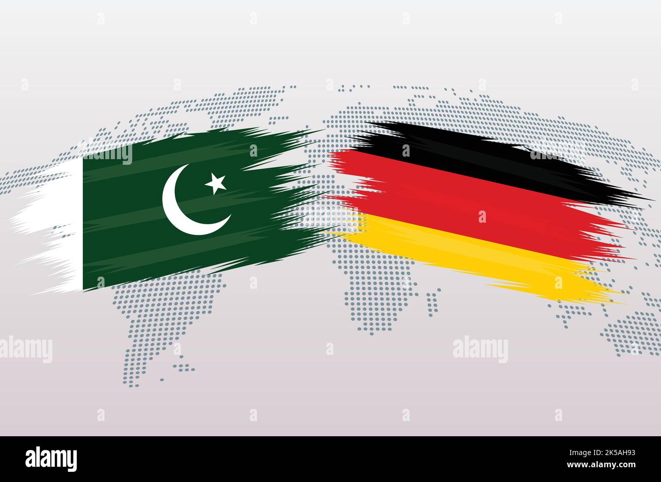 Bandiere Pakistan vs Germania. Bandiere della Repubblica islamica del Pakistan vs Germania, isolate su sfondo grigio della mappa del mondo. Illustrazione vettoriale. Illustrazione Vettoriale