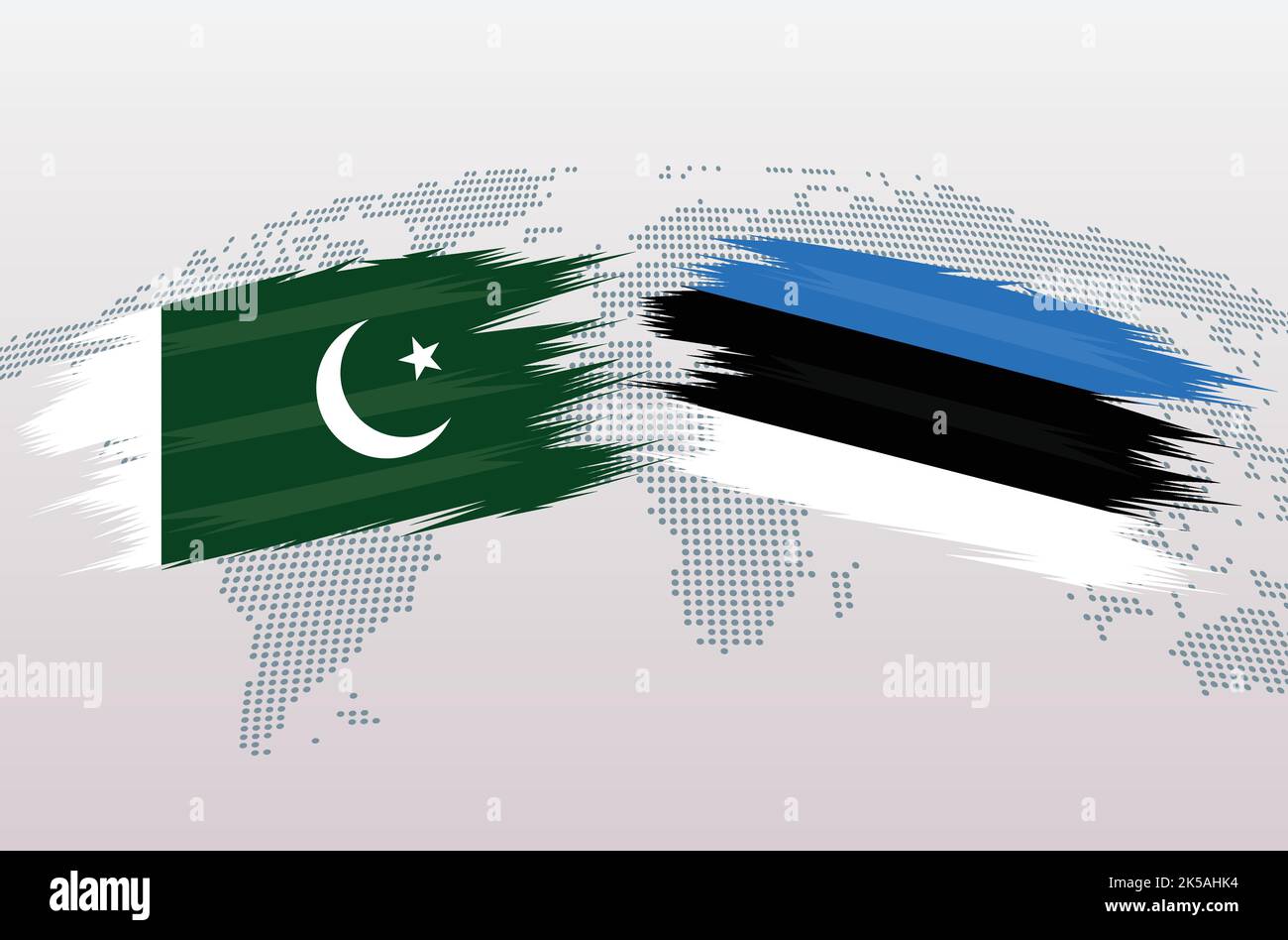 Bandiere Pakistan vs Estonia. Bandiere della Repubblica islamica del Pakistan contro Estonia, isolate su sfondo grigio della mappa del mondo. Illustrazione vettoriale. Illustrazione Vettoriale