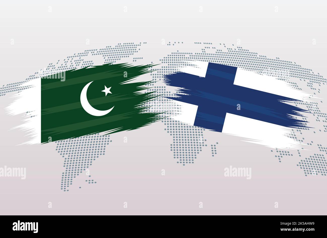 Bandiere Pakistan vs Finlandia. Bandiera della Repubblica islamica del Pakistan e bandiera della Finlandia, isolata su sfondo grigio della mappa mondiale. Illustrazione vettoriale. Illustrazione Vettoriale