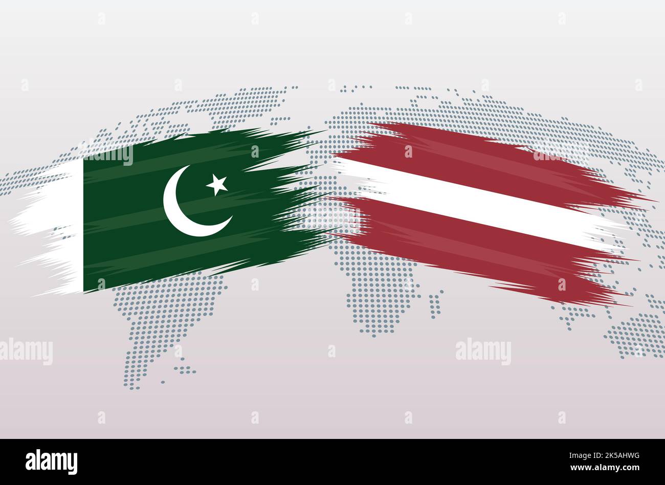 Bandiere del Pakistan vs. Della Lativa. Bandiere della Repubblica islamica del Pakistan contro la Lativa, isolate sullo sfondo grigio della mappa del mondo. Illustrazione vettoriale. Illustrazione Vettoriale