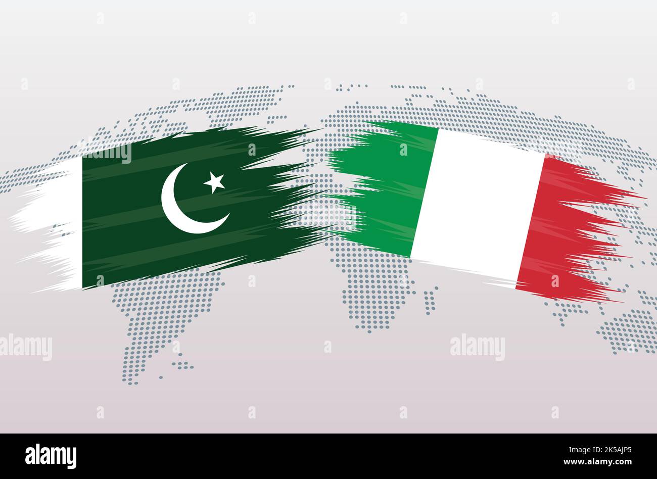 Bandiere Pakistan vs Italia. Repubblica Islamica del Pakistan contro bandiere italiane, isolata su sfondo grigio della mappa del mondo. Illustrazione vettoriale. Illustrazione Vettoriale