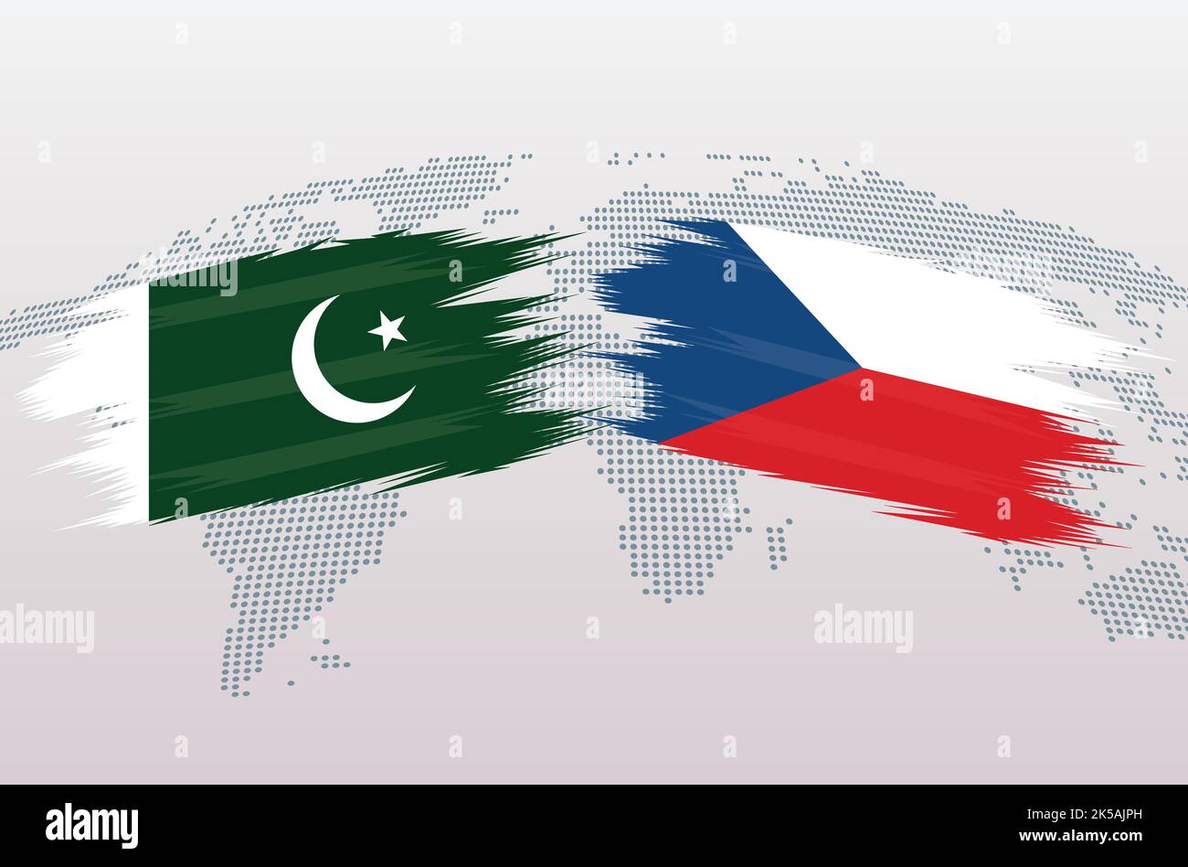Bandiere del Pakistan contro ceche. Repubblica islamica del Pakistan contro bandiere ceche, isolate su sfondo grigio della mappa del mondo. Illustrazione vettoriale. Illustrazione Vettoriale