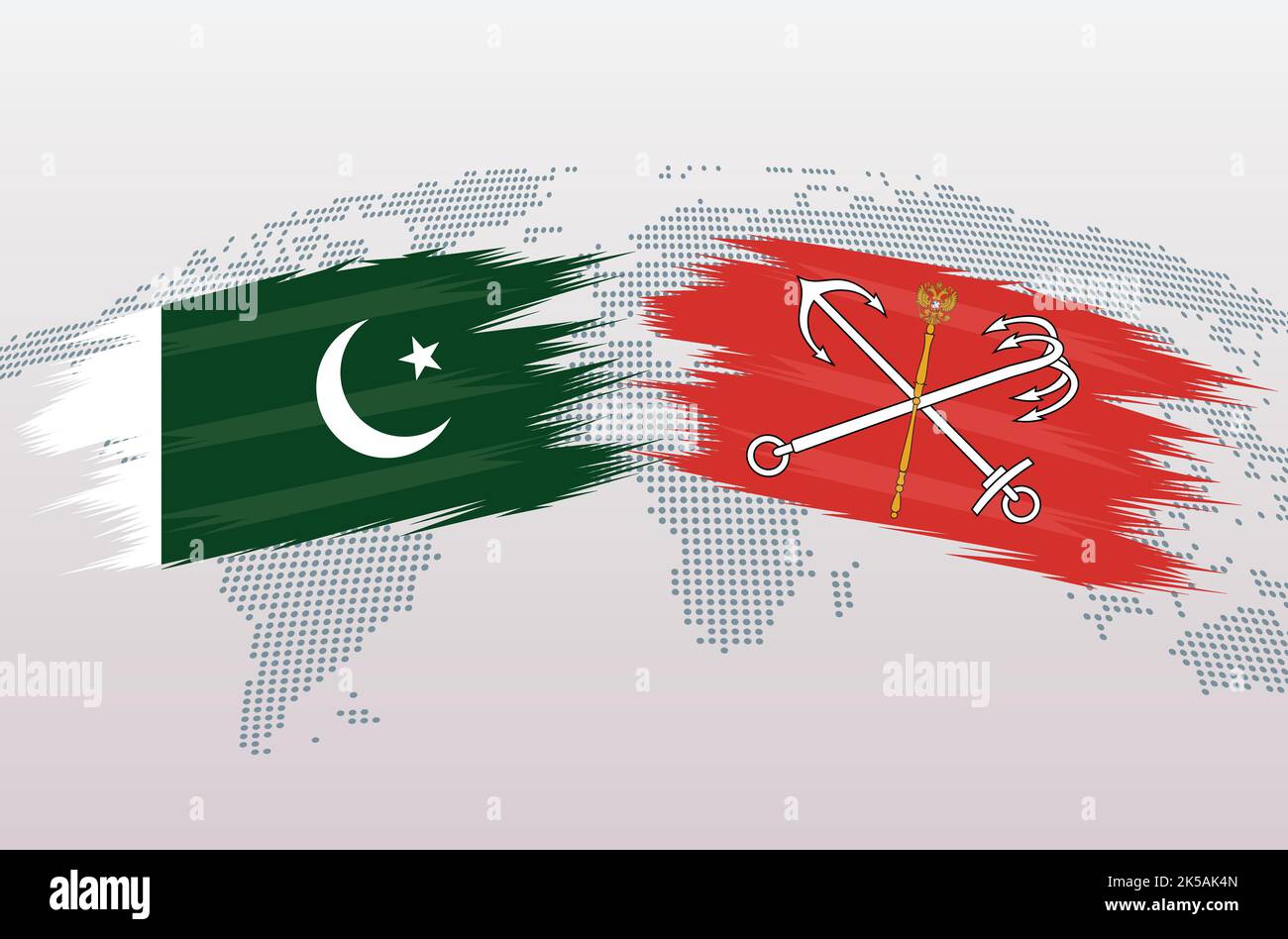 Bandiere pakistane vs San Pietroburgo. Bandiera della Repubblica islamica del Pakistan e bandiera di San Pietroburgo, isolata su sfondo grigio della mappa del mondo. Illustrazione vettoriale Illustrazione Vettoriale