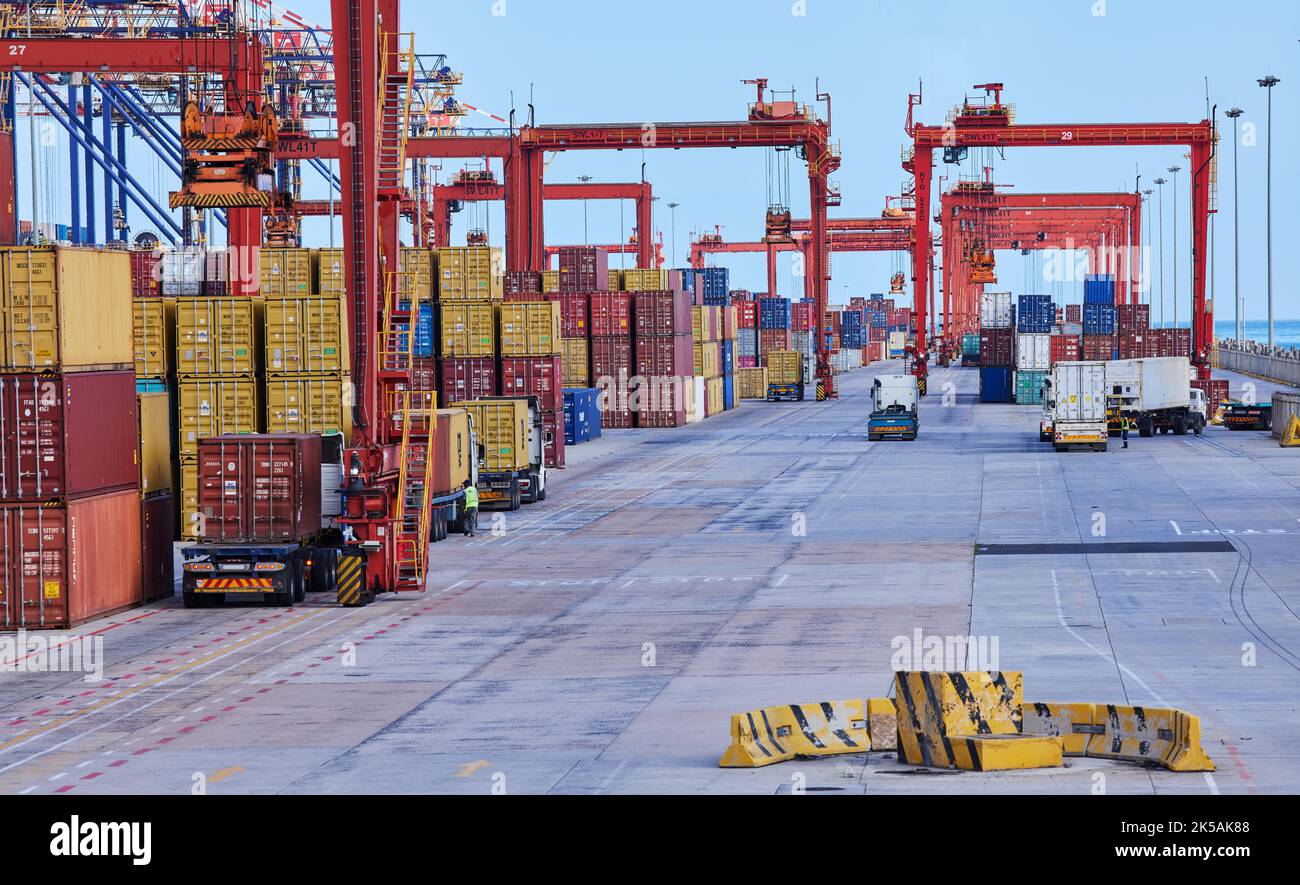 Logistica di spedizione merci, distribuzione commerciale importazione e stoccaggio di merci di esportazione in porto container. Trasporto, e-commerce corriere Foto Stock