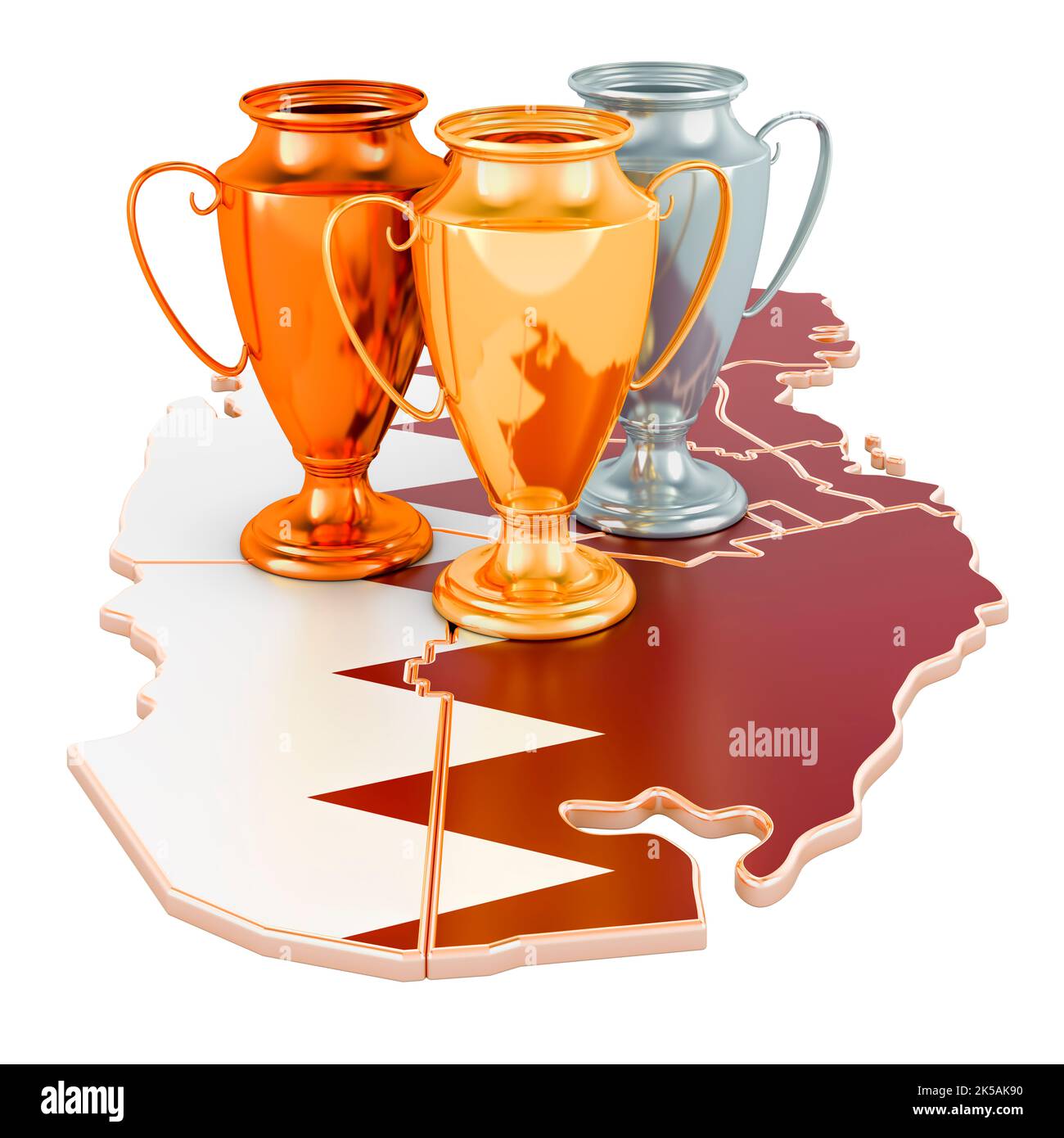 Coppe Trofeo sulla mappa di Qatari. Tornei sportivi in Qatar, concept. 3D rendering isolato su sfondo bianco Foto Stock