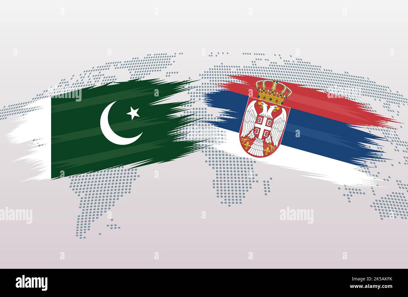 Bandiere Pakistan vs Serbia. Bandiere della Repubblica islamica del Pakistan vs Serbia, isolate su sfondo grigio della mappa del mondo. Illustrazione vettoriale. Illustrazione Vettoriale