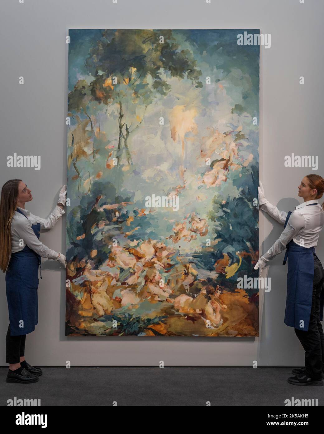 Sotheby’s, Londra, Regno Unito. 7 ottobre 2022. Uno straordinario trittico Francis Bacon è alla guida della serie più preziosa mai realizzata da Sotheby durante la settimana del fregio e che si terrà il 14th ottobre. Immagine: Flora Yukhnovich, nessuno mette il bambino nell'angolo, stima £500.000-700.000. Credit: Malcolm Park/Alamy Live News Foto Stock