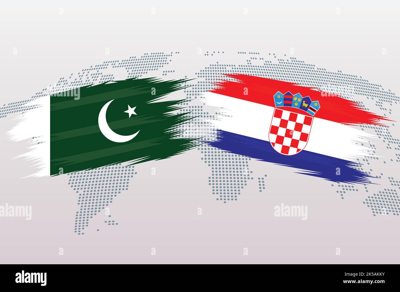 Bandiere Pakistan vs Croazia. Bandiere della Repubblica islamica del Pakistan contro Croazia, isolate su sfondo grigio della mappa del mondo. Illustrazione vettoriale. Illustrazione Vettoriale