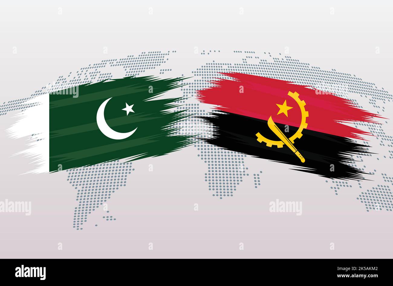 Bandiere Pakistan vs Angola. Bandiere della Repubblica islamica del Pakistan contro Angola, isolate su sfondo grigio della mappa del mondo. Illustrazione vettoriale. Illustrazione Vettoriale