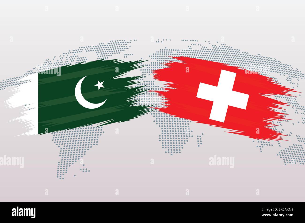 Bandiere Pakistan vs Svizzera. Bandiera della Repubblica islamica del Pakistan e bandiera della Svizzera, isolate su sfondo grigio della mappa mondiale. Illustrazione vettoriale. Illustrazione Vettoriale