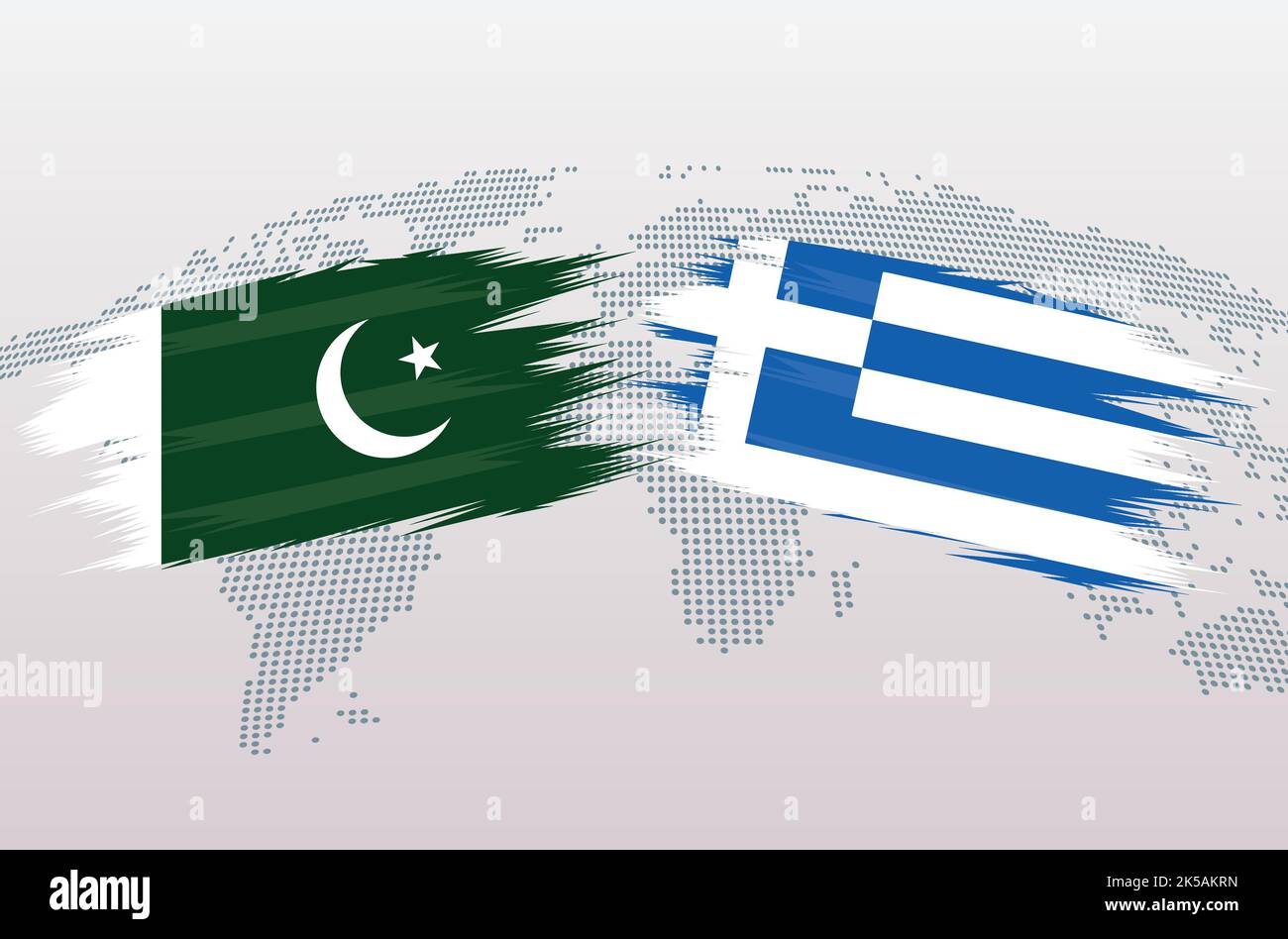 Bandiere Pakistan vs Grecia. Bandiere della Repubblica islamica del Pakistan contro la Grecia, isolate su sfondo grigio della mappa del mondo. Illustrazione vettoriale. Illustrazione Vettoriale