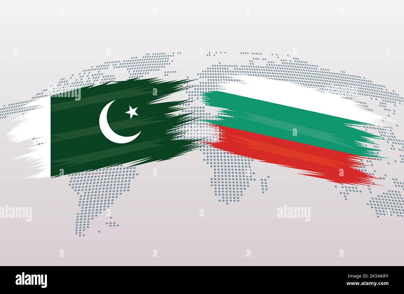 Bandiere Pakistan vs Bulgaria. Bandiere della Repubblica islamica del Pakistan vs Bulgaria, isolate su sfondo grigio della mappa del mondo. Illustrazione vettoriale. Illustrazione Vettoriale