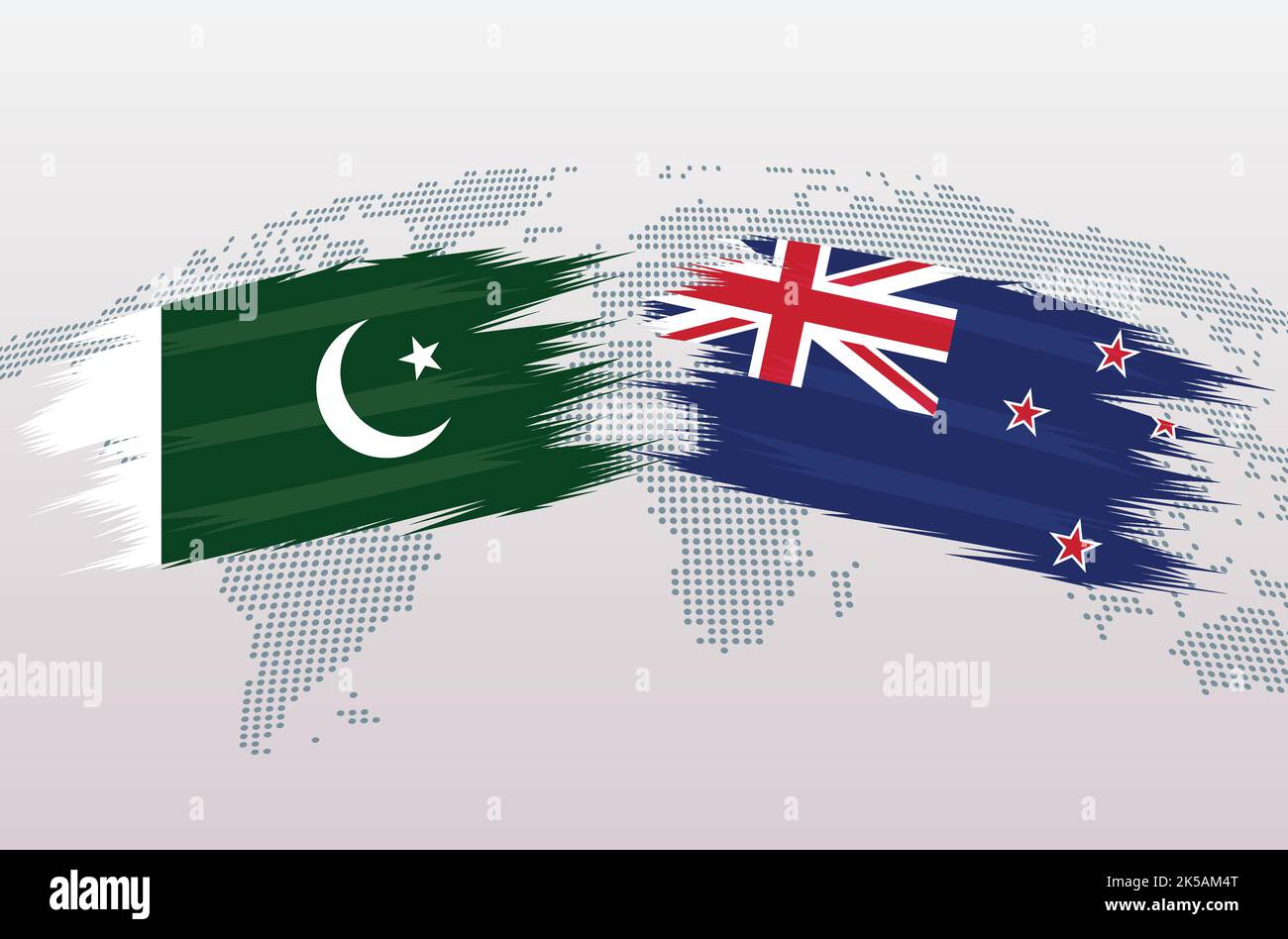 Bandiere Pakistan vs Nuova Zelanda. Bandiere della Repubblica islamica del Pakistan contro la Nuova Zelanda, isolate su sfondo grigio della mappa del mondo. Illustrazione vettoriale. Illustrazione Vettoriale