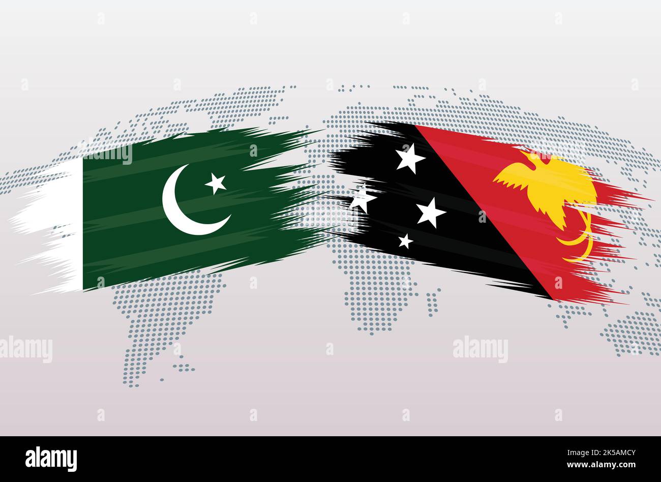 Bandiere del Pakistan contro Papua Nuova Guinea. Bandiera della Repubblica islamica del Pakistan contro Papua Nuova Guinea, isolata su sfondo grigio della mappa del mondo. Illustrazione vettoriale Illustrazione Vettoriale