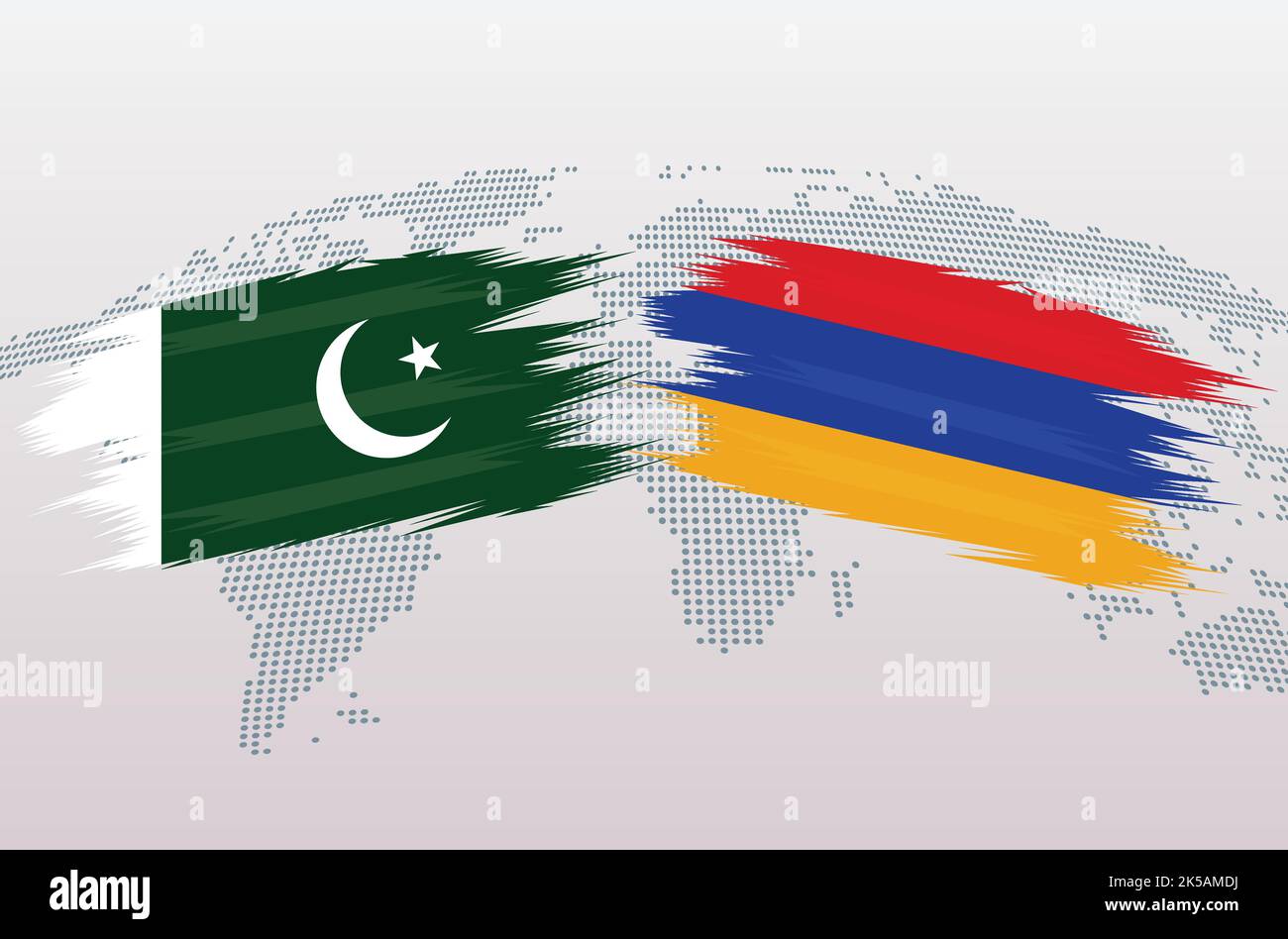 Bandiere Pakistan vs Armenia. Bandiere della Repubblica islamica del Pakistan contro Armenia, isolate su sfondo grigio della mappa del mondo. Illustrazione vettoriale. Illustrazione Vettoriale