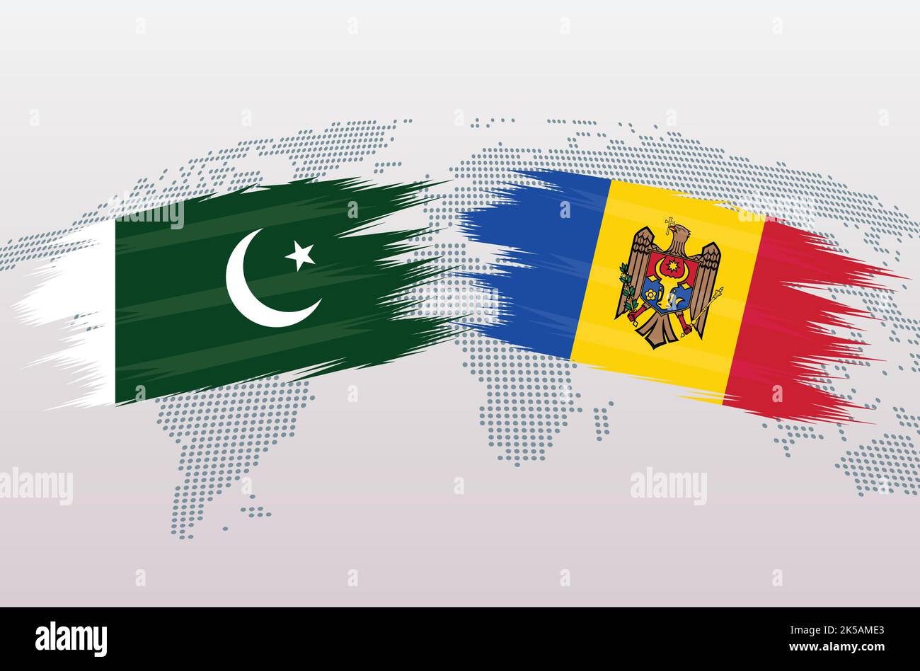 Bandiere Pakistan vs Moldova. Bandiere della Repubblica islamica del Pakistan contro Moldova, isolate su sfondo grigio della mappa del mondo. Illustrazione vettoriale. Illustrazione Vettoriale