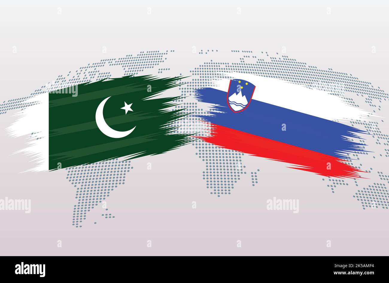 Bandiere Pakistan vs Slovenia. Bandiere della Repubblica islamica del Pakistan vs Slovenia, isolate su sfondo grigio della mappa del mondo. Illustrazione vettoriale. Illustrazione Vettoriale