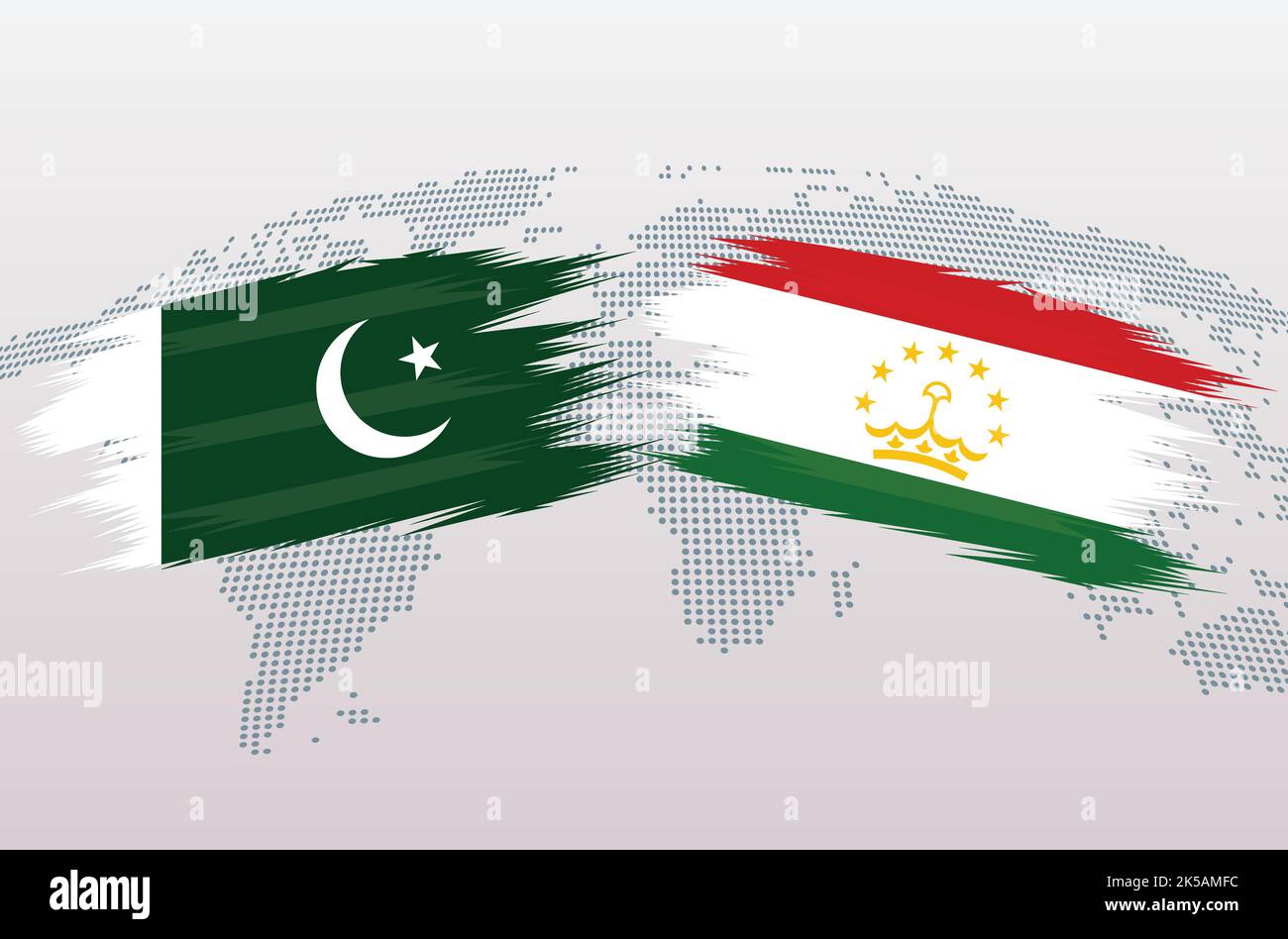 Bandiere Pakistan vs Tagikistan. Bandiere della Repubblica islamica del Pakistan contro il Tagikistan, isolate su sfondo grigio della mappa mondiale. Illustrazione vettoriale. Illustrazione Vettoriale