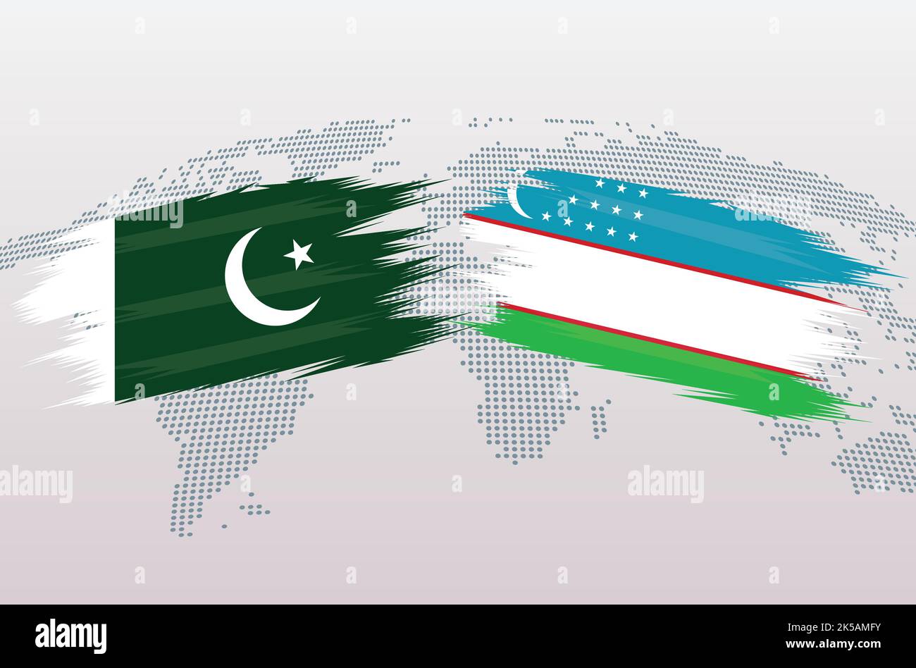 Bandiere Pakistan vs Uzbekistan. Bandiere della Repubblica islamica del Pakistan vs Uzbekistan, isolate su sfondo grigio della mappa del mondo. Illustrazione vettoriale. Illustrazione Vettoriale