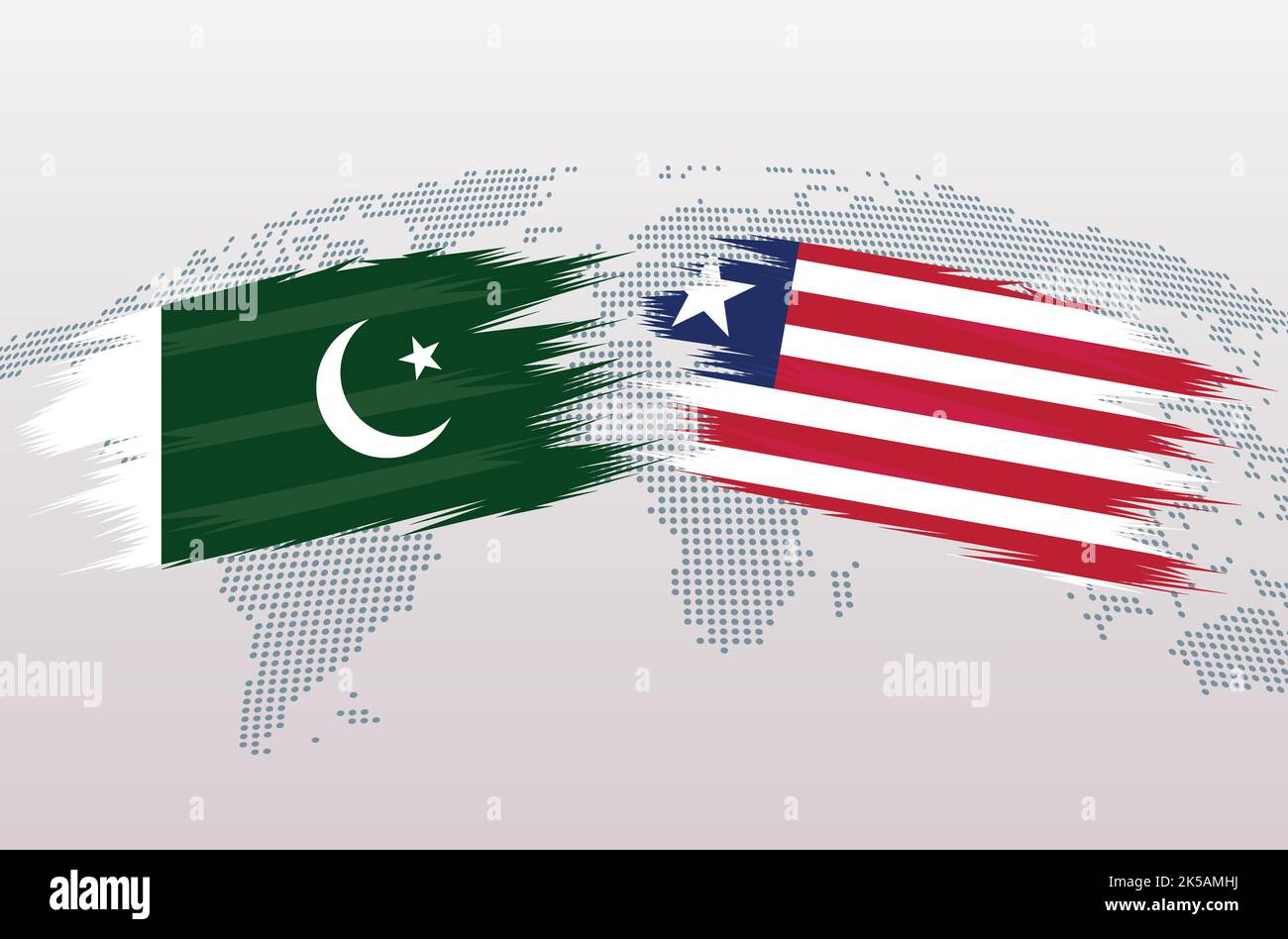 Bandiere Pakistan vs Liberia. Bandiera della Repubblica islamica del Pakistan e bandiera della Liberia, isolate su sfondo grigio della mappa del mondo. Illustrazione vettoriale. Illustrazione Vettoriale