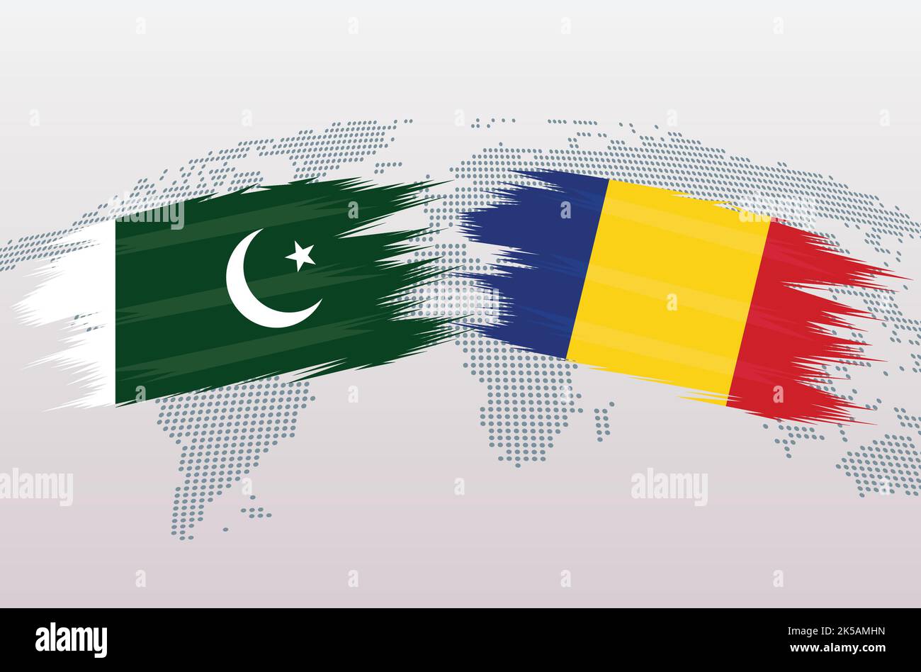 Bandiere Pakistan vs Romania. Bandiere della Repubblica islamica del Pakistan contro la Romania, isolate su sfondo grigio della mappa del mondo. Illustrazione vettoriale. Illustrazione Vettoriale