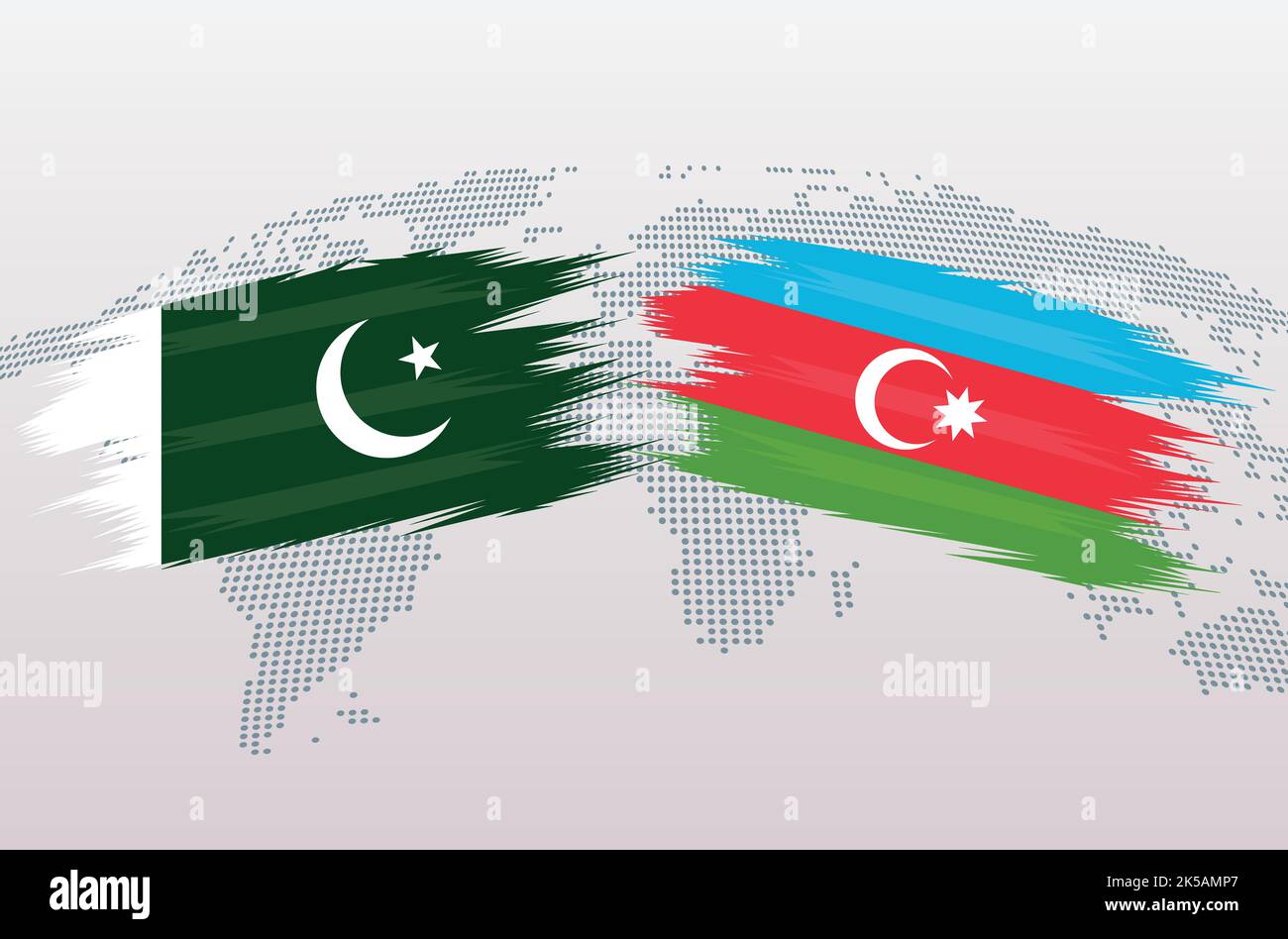 Bandiere Pakistan vs Azerbaigian. Bandiere della Repubblica islamica del Pakistan contro Azerbaigian, isolate su sfondo grigio della mappa del mondo. Illustrazione vettoriale. Illustrazione Vettoriale