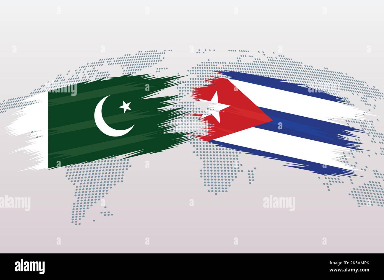Bandiere Pakistan vs Cuba. Bandiere della Repubblica islamica del Pakistan contro Cuba, isolate su sfondo grigio della mappa del mondo. Illustrazione vettoriale. Illustrazione Vettoriale