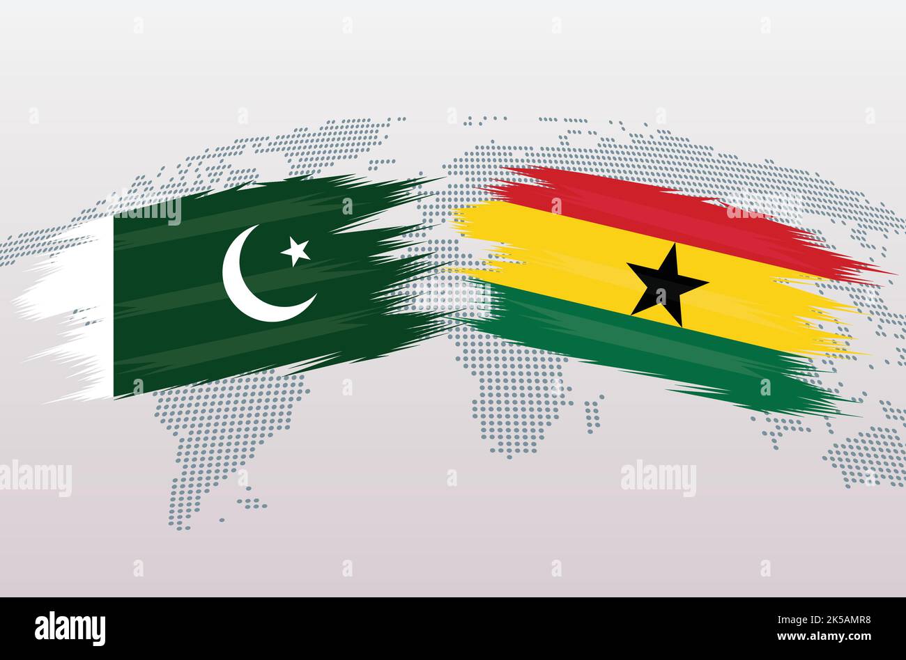 Bandiere Pakistan vs Ghana. Bandiere della Repubblica islamica del Pakistan vs Ghana, isolate su sfondo grigio della mappa del mondo. Illustrazione vettoriale. Illustrazione Vettoriale