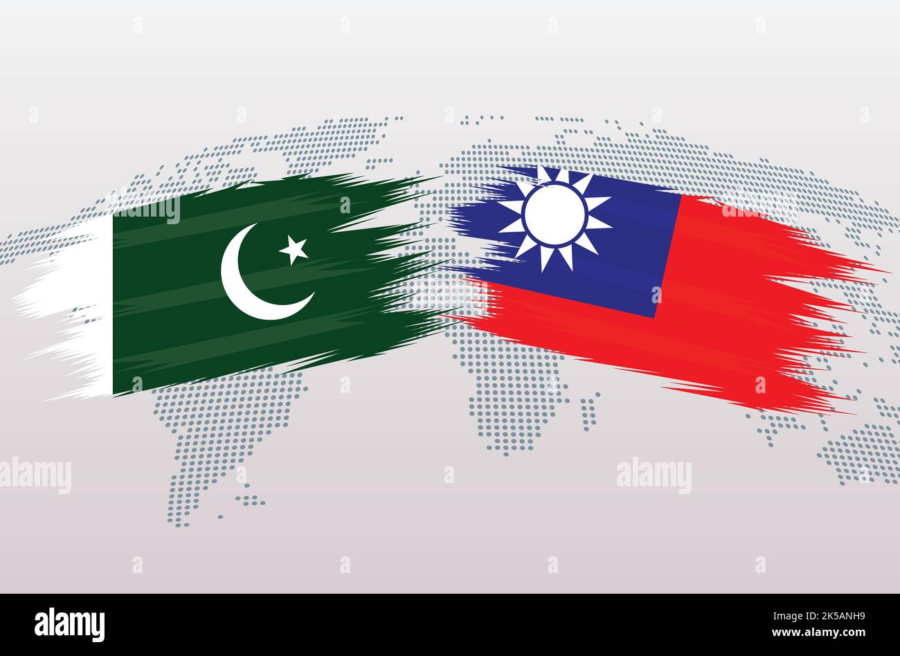 Bandiere Pakistan vs Taiwan. Bandiere della Repubblica islamica del Pakistan contro Taiwan, isolate su sfondo grigio della mappa del mondo. Illustrazione vettoriale. Illustrazione Vettoriale