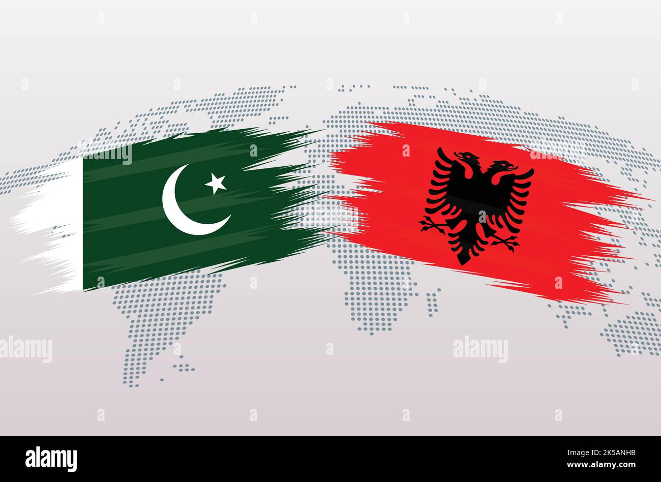 Bandiere Pakistan vs Albania. Bandiere della Repubblica islamica del Pakistan contro Albania, isolate su sfondo grigio della mappa del mondo. Illustrazione vettoriale. Illustrazione Vettoriale