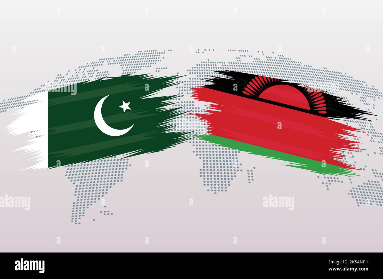 Bandiere Pakistan vs Malawi. Bandiera della Repubblica islamica del Pakistan contro bandiera del Malawi, isolata su sfondo grigio della mappa del mondo. Illustrazione vettoriale. Illustrazione Vettoriale