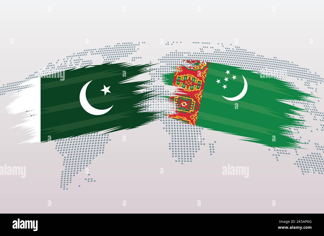 Bandiere Pakistan vs Turkmenistan. Bandiere della Repubblica islamica del Pakistan contro Turkmenistan, isolate su sfondo grigio della mappa del mondo. Illustrazione vettoriale. Illustrazione Vettoriale