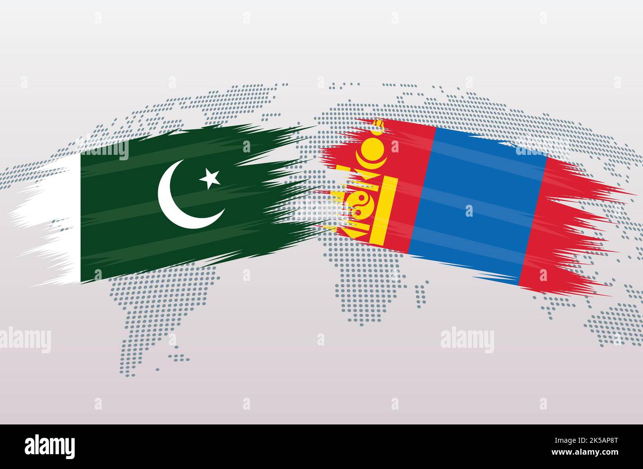 Bandiere Pakistan vs Mongolia. Repubblica islamica del Pakistan vs bandiere mongoli, isolato su sfondo grigio della mappa del mondo. Illustrazione vettoriale. Illustrazione Vettoriale