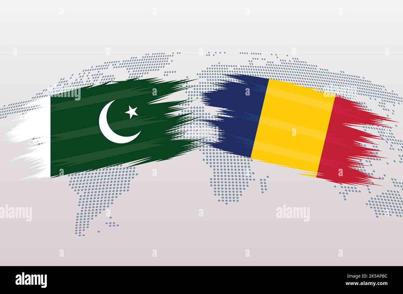 Bandiere del Pakistan vs Ciad. Bandiera della Repubblica Islamica del Pakistan contro il Ciad, isolata su sfondo grigio della mappa del mondo. Illustrazione vettoriale. Illustrazione Vettoriale