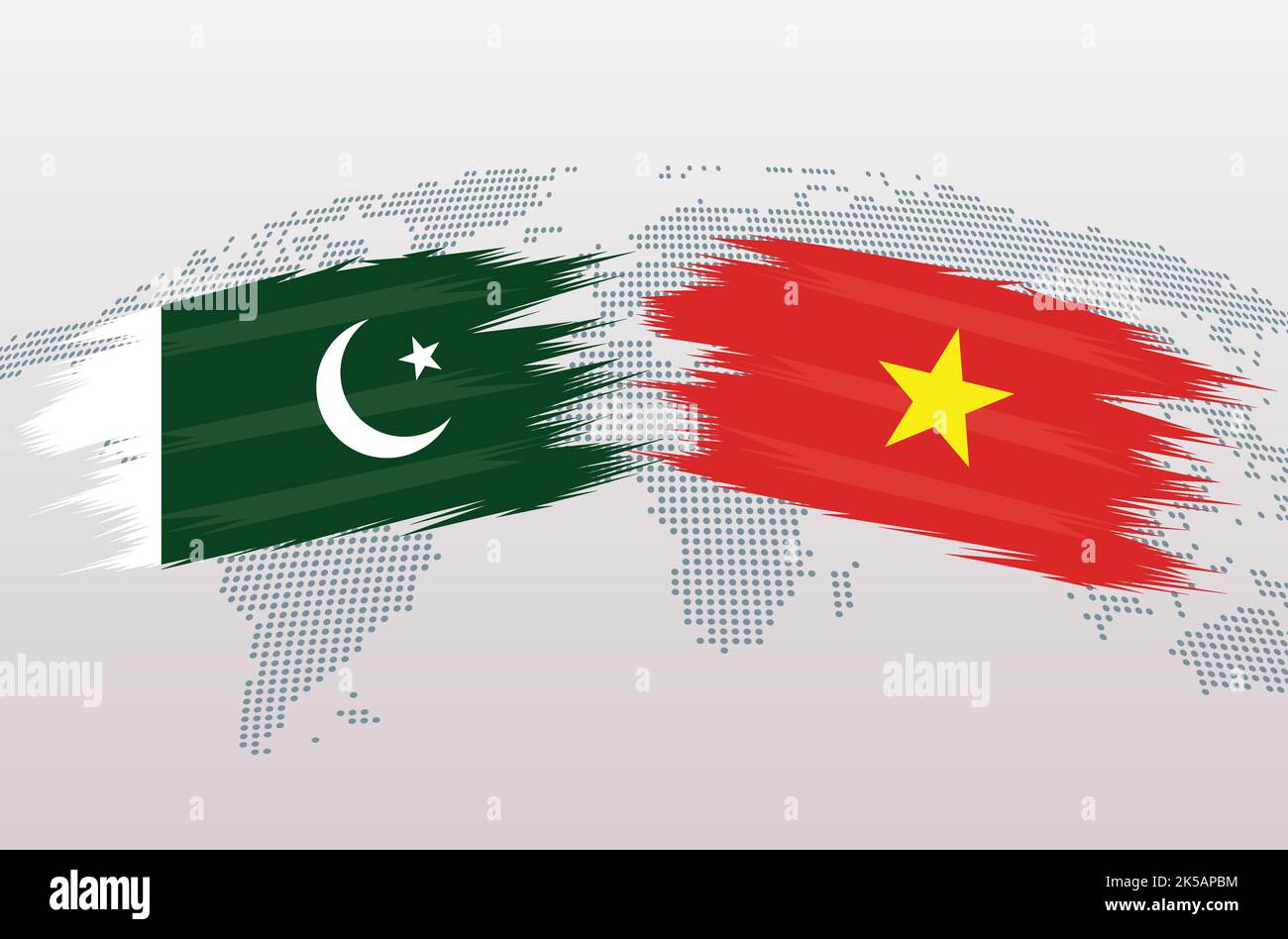 Bandiere Pakistan vs Vietnam. Bandiere della Repubblica islamica del Pakistan contro Vietnam, isolate su sfondo grigio della mappa del mondo. Illustrazione vettoriale. Illustrazione Vettoriale
