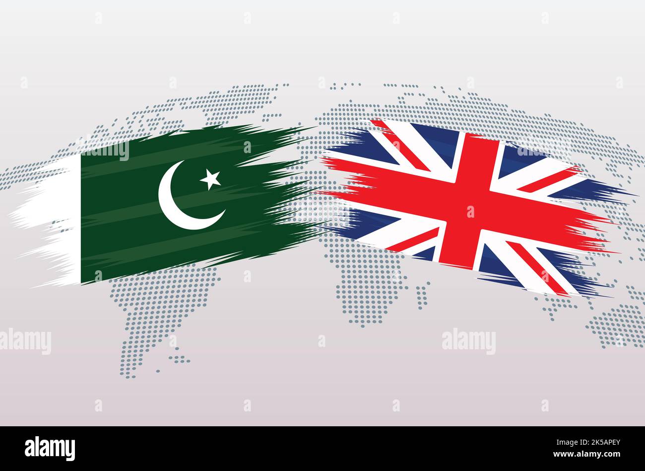 Pakistan vs Regno Unito bandiere del Regno Unito. Bandiere della Repubblica islamica del Pakistan vs Gran Bretagna, isolate su sfondo grigio della mappa del mondo. Illustrazione vettoriale. Illustrazione Vettoriale