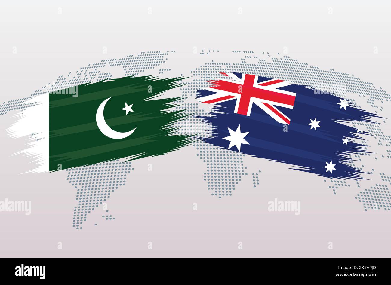 Bandiere Pakistan vs Australia. Repubblica islamica del Pakistan vs bandiere australiane, isolate su sfondo grigio della mappa del mondo. Illustrazione vettoriale. Illustrazione Vettoriale