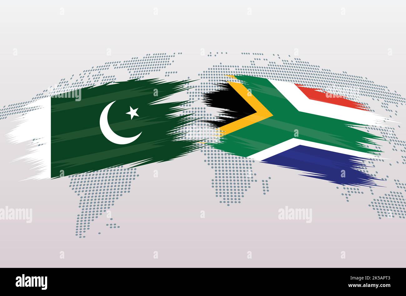 Bandiere Pakistan vs Sud Africa. Bandiera della Repubblica islamica del Pakistan e bandiera sudafricana, isolata su sfondo grigio della mappa del mondo. Illustrazione vettoriale. Illustrazione Vettoriale