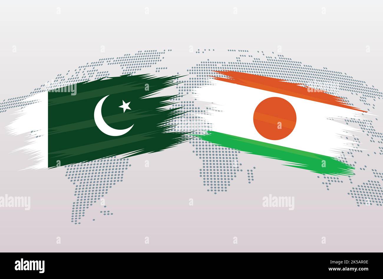 Bandiere del Pakistan vs Niger. Bandiere della Repubblica islamica del Pakistan vs Niger, isolate su sfondo grigio della mappa del mondo. Illustrazione vettoriale. Illustrazione Vettoriale