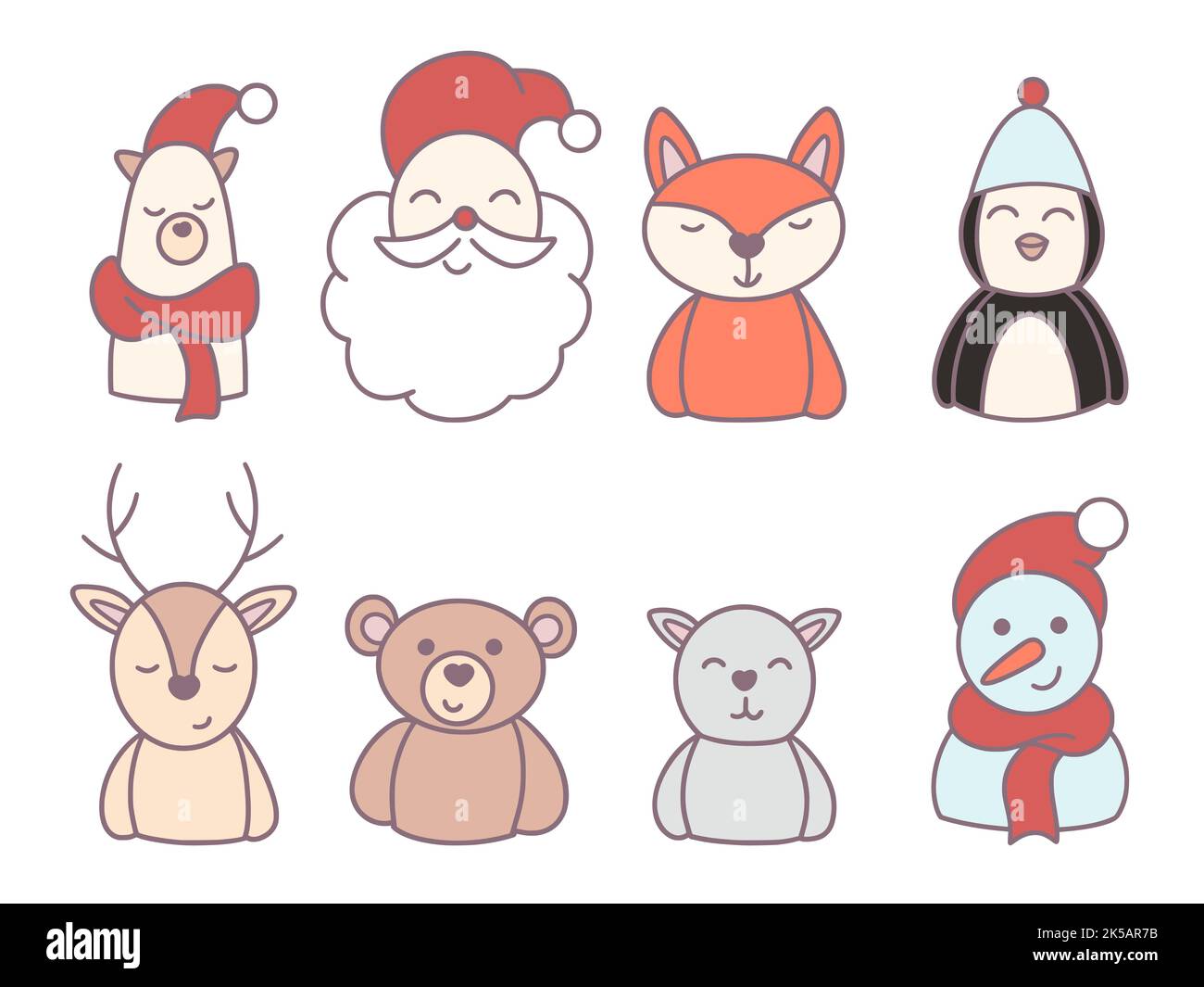 I simpatici personaggi invernali sono vintage. Collezione colorati doodle natale disegnati animali. Renne, volpe, orso, orso settentrionale, pinguino, santa, pupazzo di neve Illustrazione Vettoriale