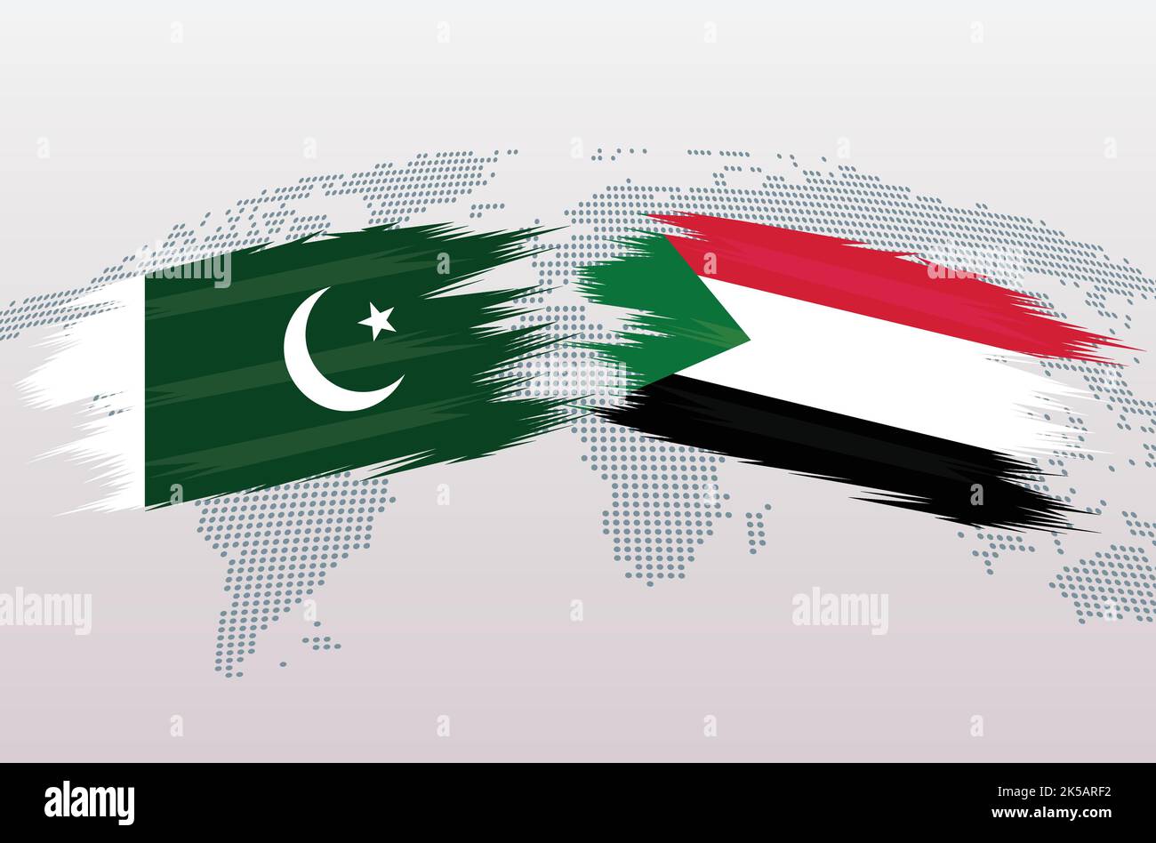 Bandiere Pakistan vs Sudan. Bandiere della Repubblica islamica del Pakistan contro Sudan, isolate su sfondo grigio della mappa del mondo. Illustrazione vettoriale. Illustrazione Vettoriale