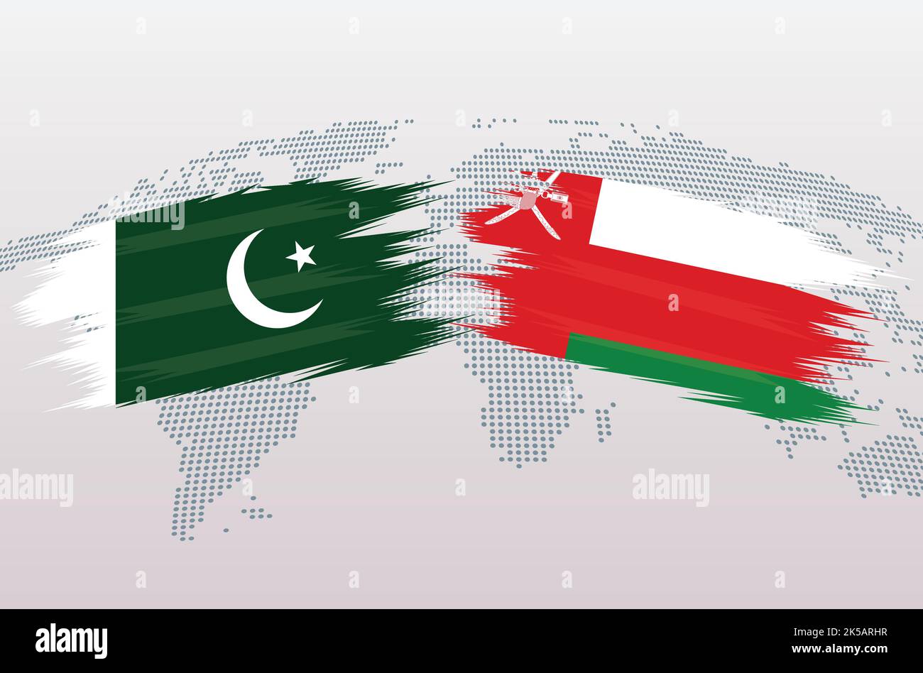 Bandiere pakistane vs Oman. Bandiera della Repubblica islamica del Pakistan contro bandiera dell'Oman, isolata su sfondo grigio della mappa del mondo. Illustrazione vettoriale. Illustrazione Vettoriale